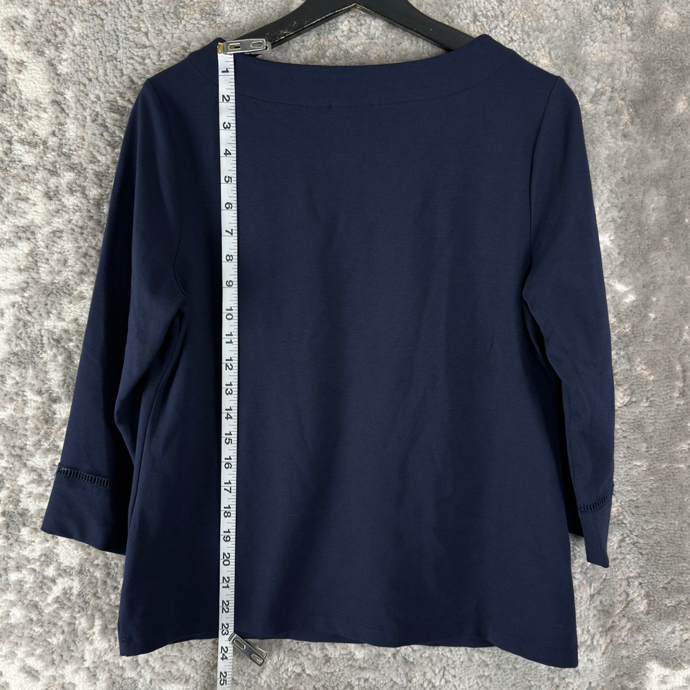 Chico's Size 0 US S Ladder Trim Boat Neck Knit Top Navy Blue 3/4 Sleeve Women - Picture 2 of 7